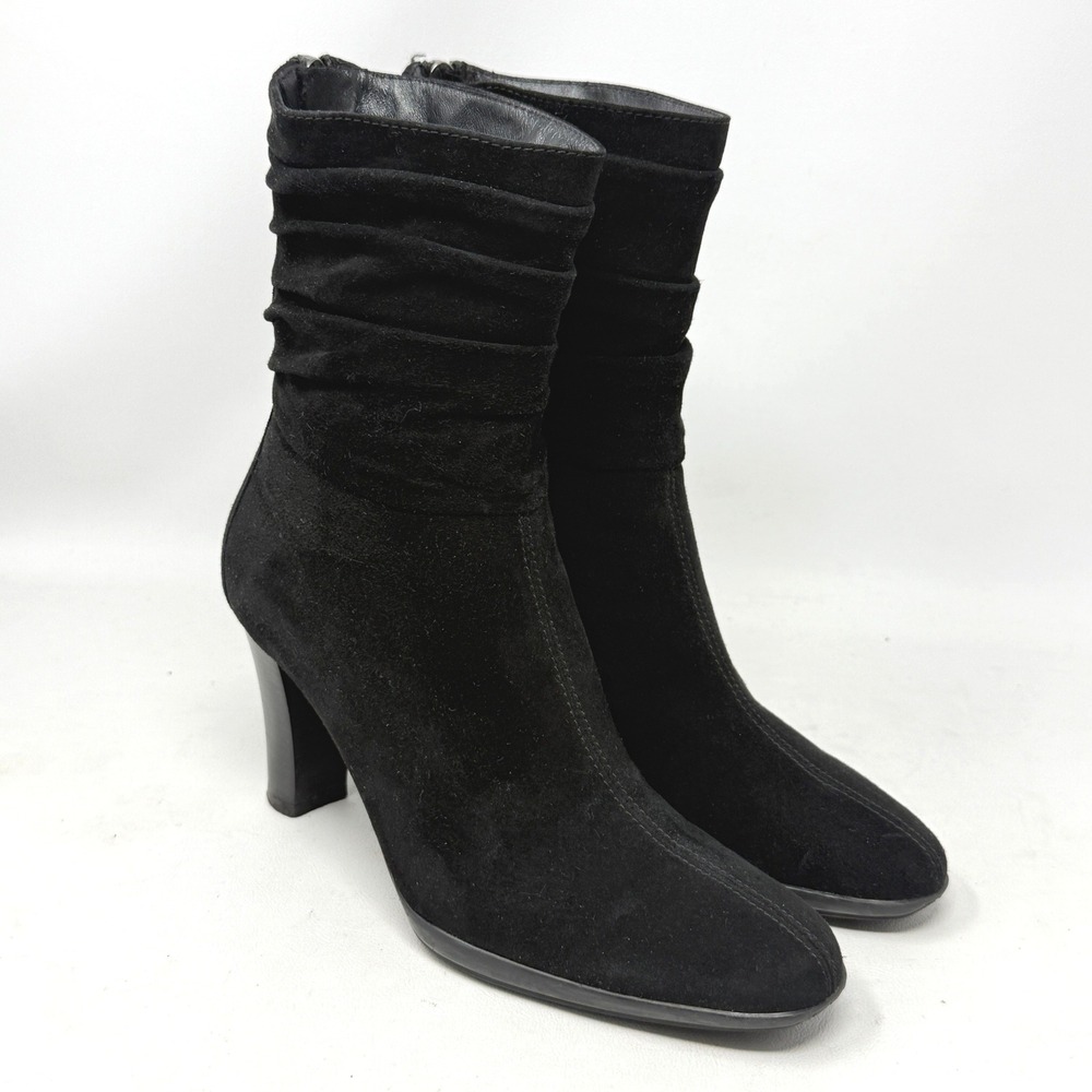 Aquatalia Raegan Women Black Suede Ruched Boots 6.5 Weatherproof Luxury
